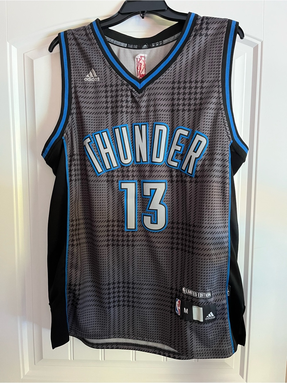 adidas adult medium OKC Thunder #13 plaid Gray & Blue Basketball Jersey
